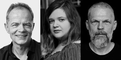 Portraits von Wolfram Heberle, Lara Sauer und Daniel Nartschick, schwarz-weiss.