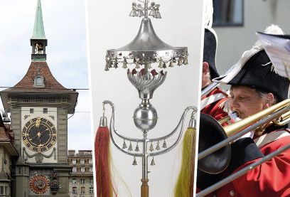 Drei Bildausschnitte v.l.n.r. Zeitglockenturm, Glockenspiel, Blasmusiker*innen