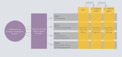 Zuteilung in die vier Kurse und Ablauf des E-Learnings.
