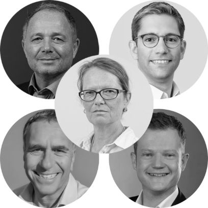 Anna Wimmer (Mitte), Giuseppe Acciardi (o.l.), Clemens Kielhauser (o.r.), Thomas Glättli (u.l.) und Patrick Pick (u.r.)