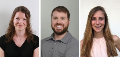 Portraitfotos der Absolvent*innnen des interprofessionellen Fachkurses Praxisausbildung Gesundheit: Sarina Ottersberg (links), Dennis Good (Mitte) und Rahel Schweri (rechts) 