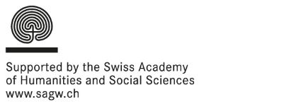 Schwarzes Logo in Form eines Hirns (?) oben links. Darunter ein kurzer schwarzer Balken und auf drei Zeilen steht darunter Supported by the Swiss Academy of Humanities and Social Sciences www.sagw.ch