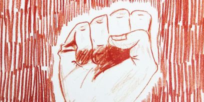 Faust mit roter Farbe gezeichnet. Hintergrund aus roten Strichen.