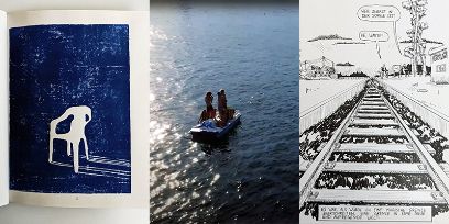Ausschnitte aus Maturaarbeiten. Ein Druck eines Plastikstuhls, ein Still-Frame aus einem Film das ein Floss in einem See zeigt und eine comic-artige Zeichnung eines Gleises