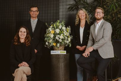 L'équipe gagnante avec Janine Brunner (lups), Gregor Harbauer (Privatklinik Hohenegg, prismium), Caroline Gurtner (BFH), Michael Durrer (lups).