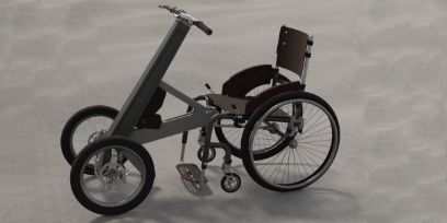 Model of a wheelchair, where the drive force is transferred to the rear axle. Additionally, there are two front wheels instead of just one to further improve stability. 