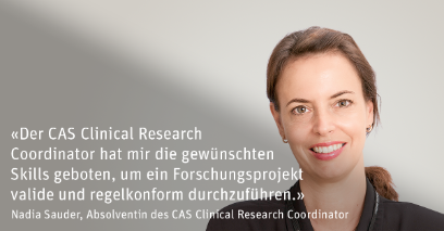 Testimonial mit Portraitbild und Statement von Nadia Sauder, Absolventin CAS Clinical Research Coordinator