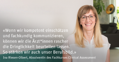 Testimonial mit Portraitbild und Statement von Ina Riesen, Absolventin Fachkurs Clinical Assessment