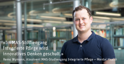 Testimonial mit Portraitbild und Statement von Remo Wymann, Absolvent MAS-Studiengang Integrierte Pflege – Mental Health