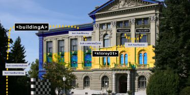 Zu sehen ist die Vorderansicht des Schweizerischen Bundesarchivs und im Vordergrund eine Marmorskulptur mit Schachbrettmuster.
