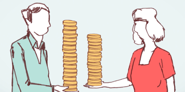 Illustration von einem Mann und einer Frau, zwischen ihnen sind Münzen und Geld gestapelt.